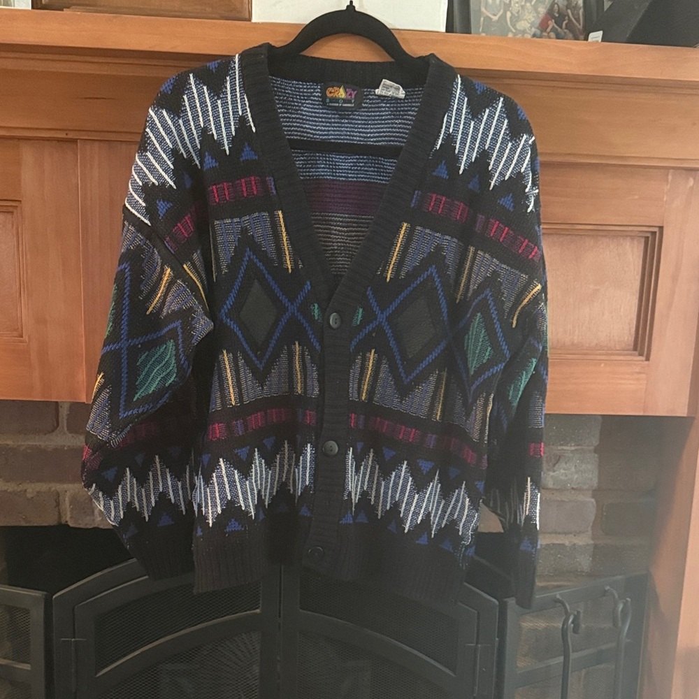 VTG 80s 90s Crazy Boy Black Multicolor Geometric Knit Button Front Cardigan S